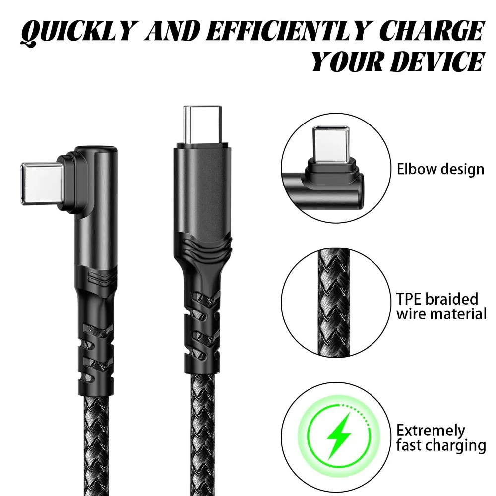 Фото Кабель USB C-USB C мощностью 100 Вт, 90-градусный кабель для передачи данных для iPad, MacBook Pro, Xiaomi, Samsung, Huawei, кабель для быстрой зарядки, двойной кабель для передачи данных TypeC №2