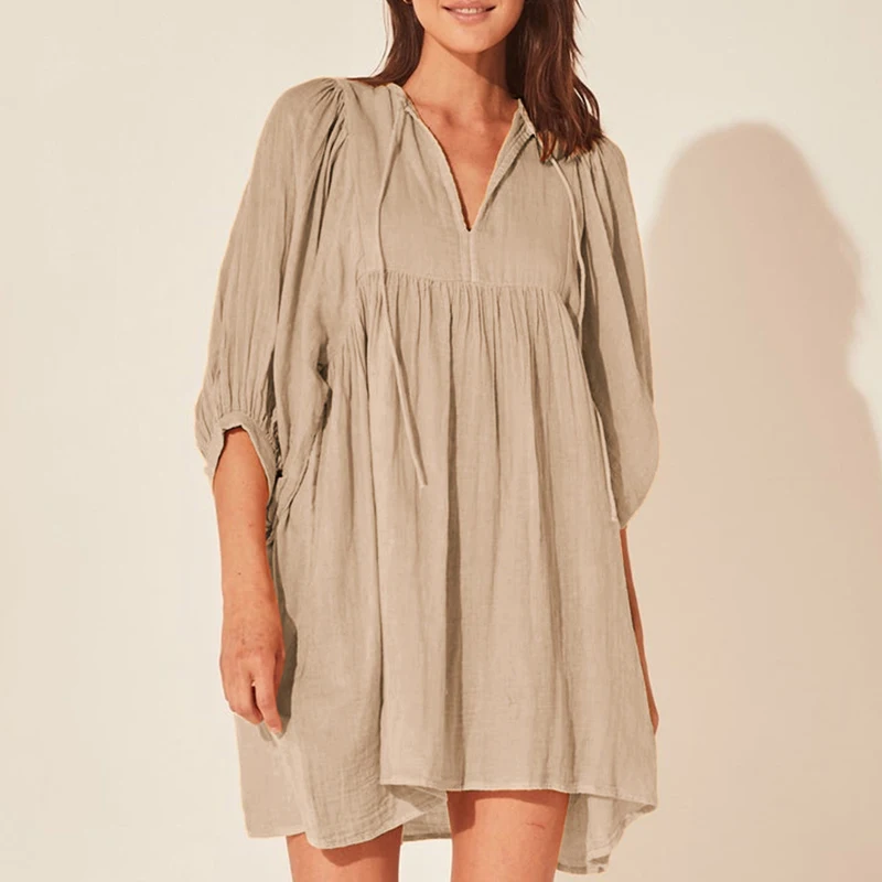 

Женское однотонное платье на шнуровке с V-образным вырезом, элегантное свободное платье-пуловер с высокой талией, модное простое короткое хлопковое платье с рукавами-фонариками