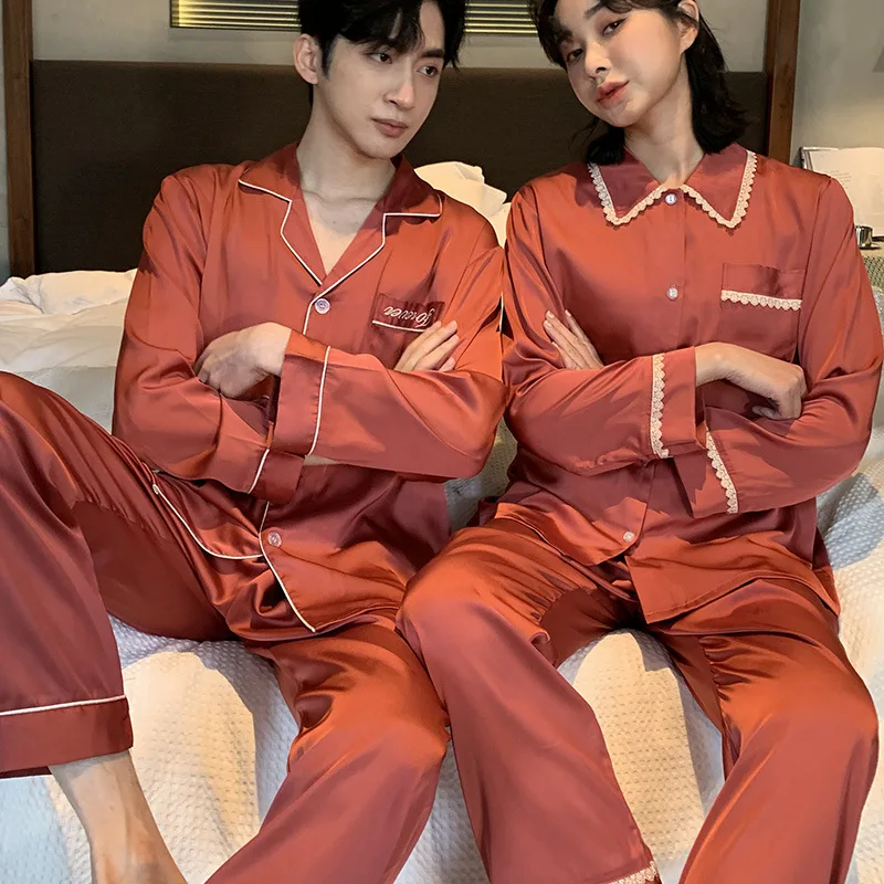 Осенняя Повседневная парная атласная рубашка с длинным рукавом и брюки пижамный