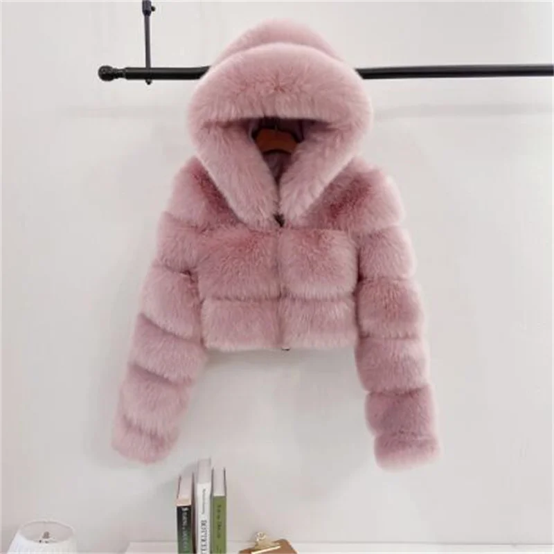 Patchwork fox fur jackets women short coats hooded faux fur clothes long sleeve pink black brown silver blue green spring winter