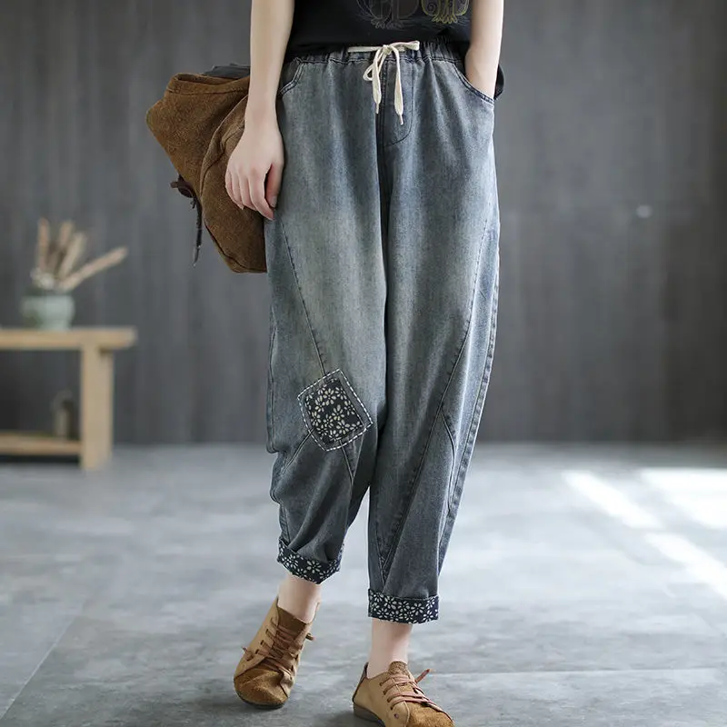 

2022 Spring Summer Vintage Pocket Ripped Women's Jeans Loose Casual Denim Harem Pant High Elastic Waist Ankle Baggy Trouser L226