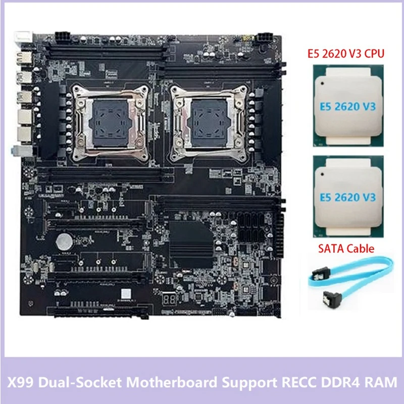 

X99 Dual-Socket Motherboard LGA2011-3 Dual CPU Support RECC DDR4 Memory With 2XE5 2620 V3 CPU+SATA Cable