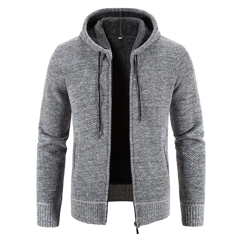 

Men's Winter Jacket with Plush and Thick ded Knit Cardigan Jacket, Solid Color Zipper, Outerwear Top