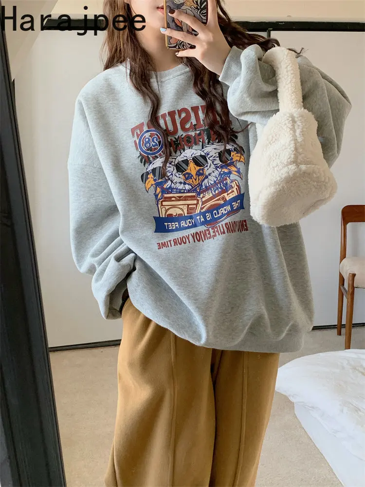

Harajpee O-Neck Letter Cartoon Printing Thick Long Sleeves Sweatshirts Women New Loose Autumn Winter All-Match Korean Fashion