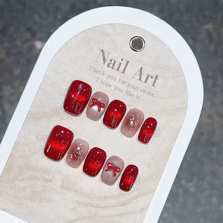 Фото Оптовая продажа Nail Art Crystal Cat Eye Acrylic Press on Nails Короткие квадратные красные накладные ногти ручной работы Градиент Блестящие жемчужные накладные ногти №3