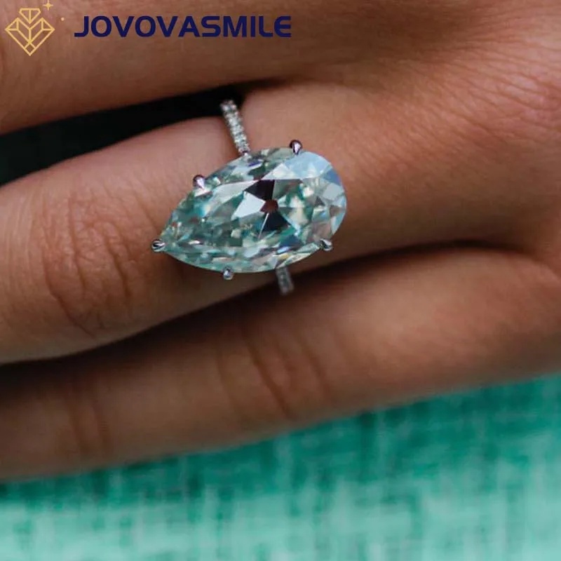 JOVOVASMILE Luxury Moissanite Engagement Ring 18k Gold 7 Carat 16x10mm Fancy Light Blue Old Mine Pear Center 5-Prong