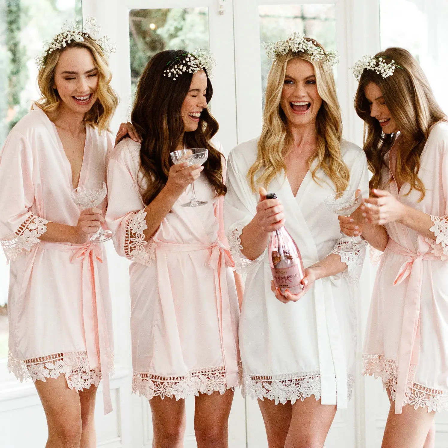 Women Matt Satin Lace Robe Bride Robe Bridesmaid Robes Bridal Robes Wedding Bathrobe Dressing White Robes