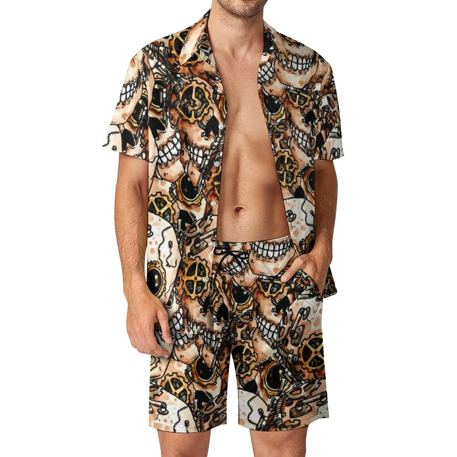 

Костюм мужской в стиле стимпанк, модная Повседневная рубашка с абстрактным принтом черепа, шорты для фитнеса и отдыха на открытом воздухе, костюм большого размера под заказ