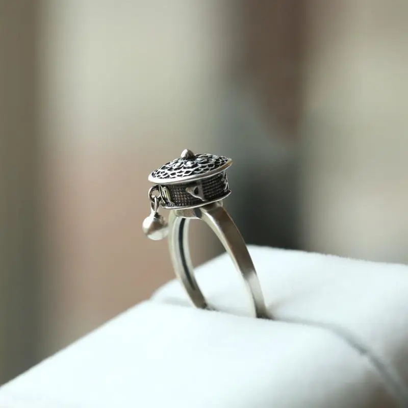 

[Prayer Wheel.].] Thai Silver 925 Sterling Silver Ornament Handmade Matte Vintage Women's Ring Ring Female-Rotatable