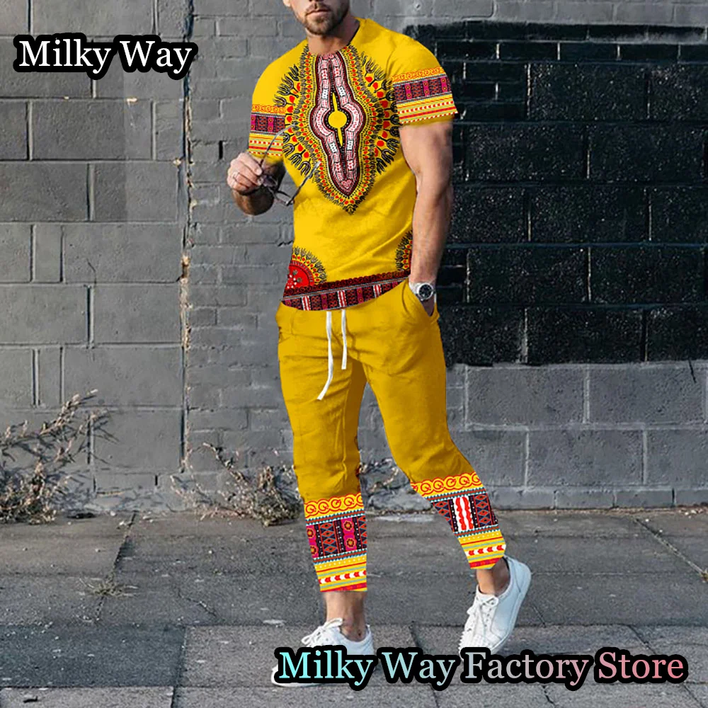 Men T-Shirt Trousers Set Summer Vintage Tracksuit Male Outfit 2 Pieces Casual Streetwear Suit African Totem Printing Clothing