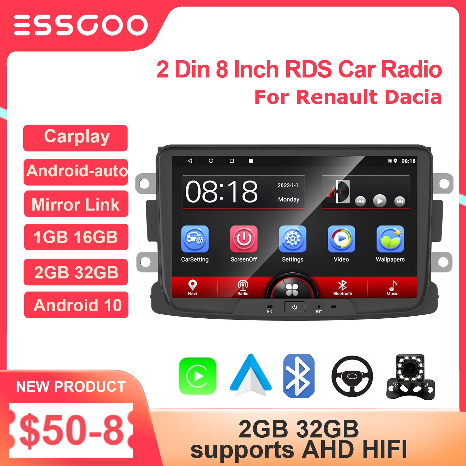 Автомагнитола ESSGOO, мультимедийный плеер на Android, с 8 