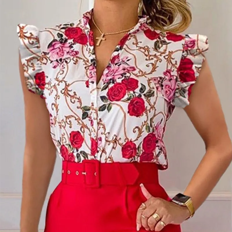 

Leisure Summer V-neck Button Petal Sleeve Printed Shirt Women Camisas Feminina Ropa De Mujer Primavera Verano 2023 Blouse Tops