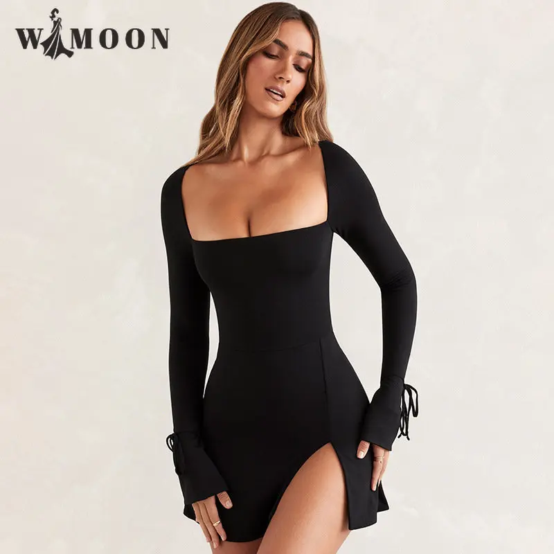 

Однотонное облегающее платье с U-образным вырезом и длинным рукавом, новинка осенне-зимнего сезона, модные обтягивающие платья с высокой та...