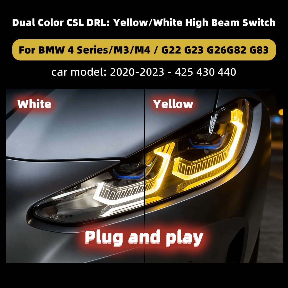 Фото Для BMW 4 серии M3 M4 G22 G23 G26 G80 G82 G83 2020-2023 Двухцветные ДХО CSL (желтый/белый) с функцией дальнего света, Plug and Play №2