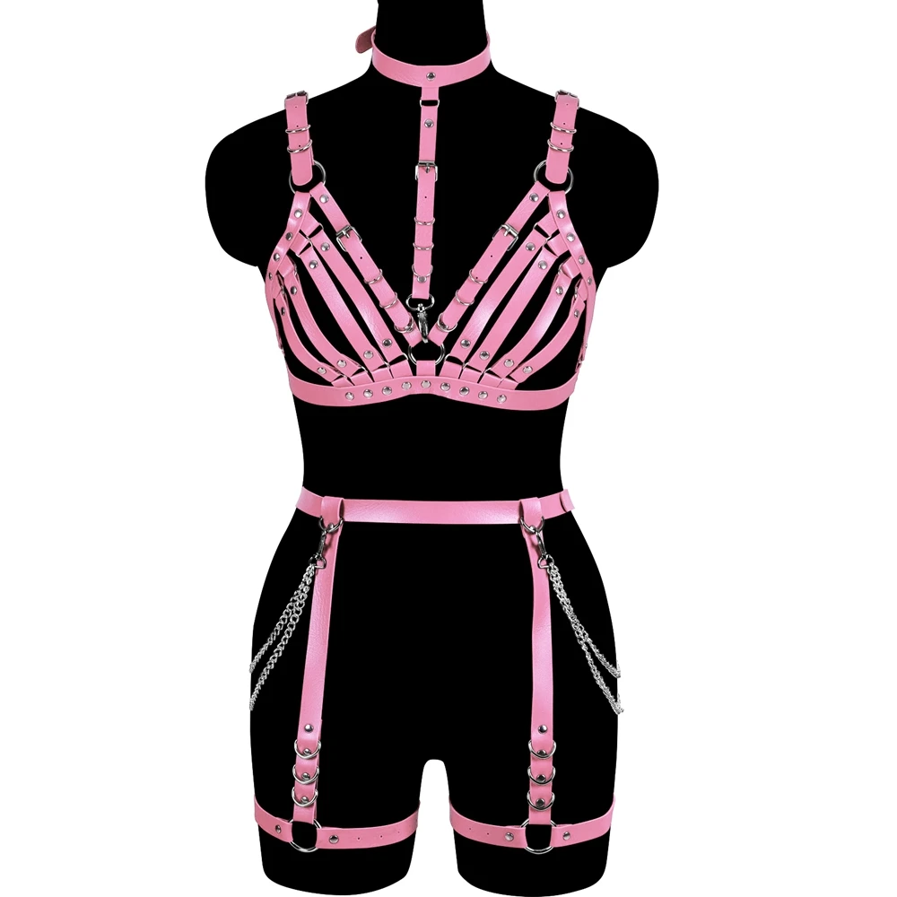 Leather Goth Silver Chain Clothing Sexy Lingerie Body Harness Set Underwear Adjustable Top Harness For Women Cage Bra Strap