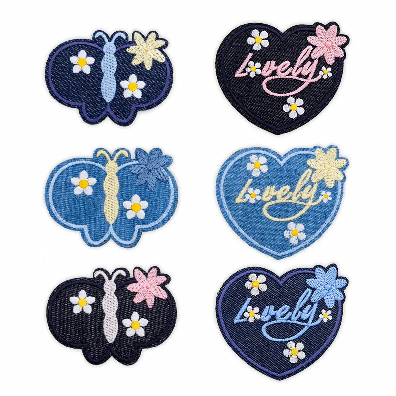 Denim Embroidery Patches Heart Shaped Floral Cloth Pieces Lovely Butterfly Appliques for Jeans Elbow Hole Patch Darns Stickers