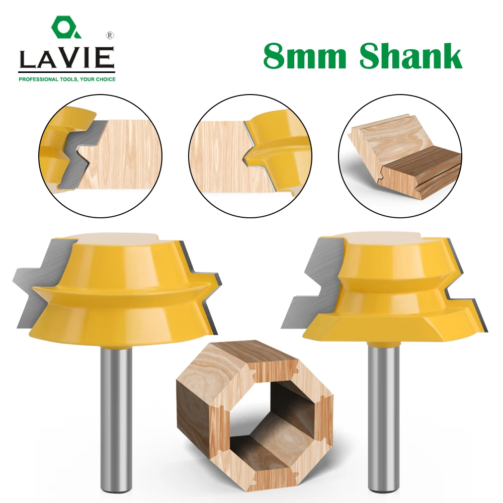 LAVIE 2pcs 8mm Shank Lock Miter Tenon Router Bits 22.5 Degree Glue Joinery Milling Cutter Set for Wood Woodwork Cutter MC02065
