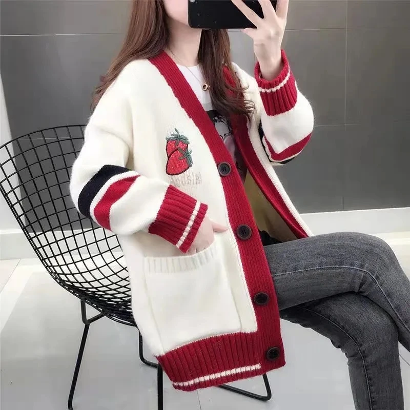 

2022 Autumn Winter New Women's Sweater Korean Loose Net Red Knitted Cardigan Jacket Femlae Single-breasted Casual Long Cardigans