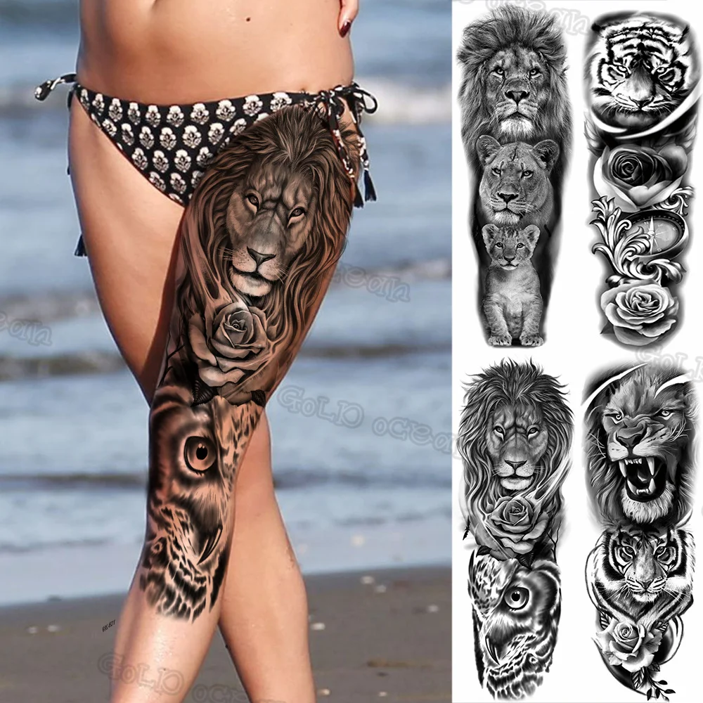

Черный Лев, роза, цветок, сова, временная планета для женщин, мужчин, тигр, компас, искусственная татуировка, водонепроницаемые татуировки до бедра, Декор