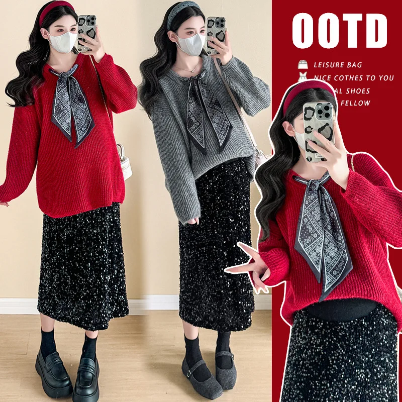 Осенне-зимний свитер для беременных с бантом + юбка-пангапиль 2 шт. рубашка