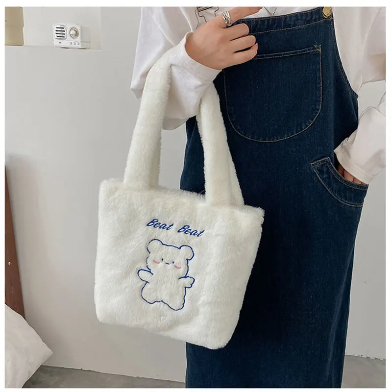 Women winter Plush Tote Bag Fashion Cute Girls Shopping Shoulder Bags Student Leisure Travel Soft Handbags