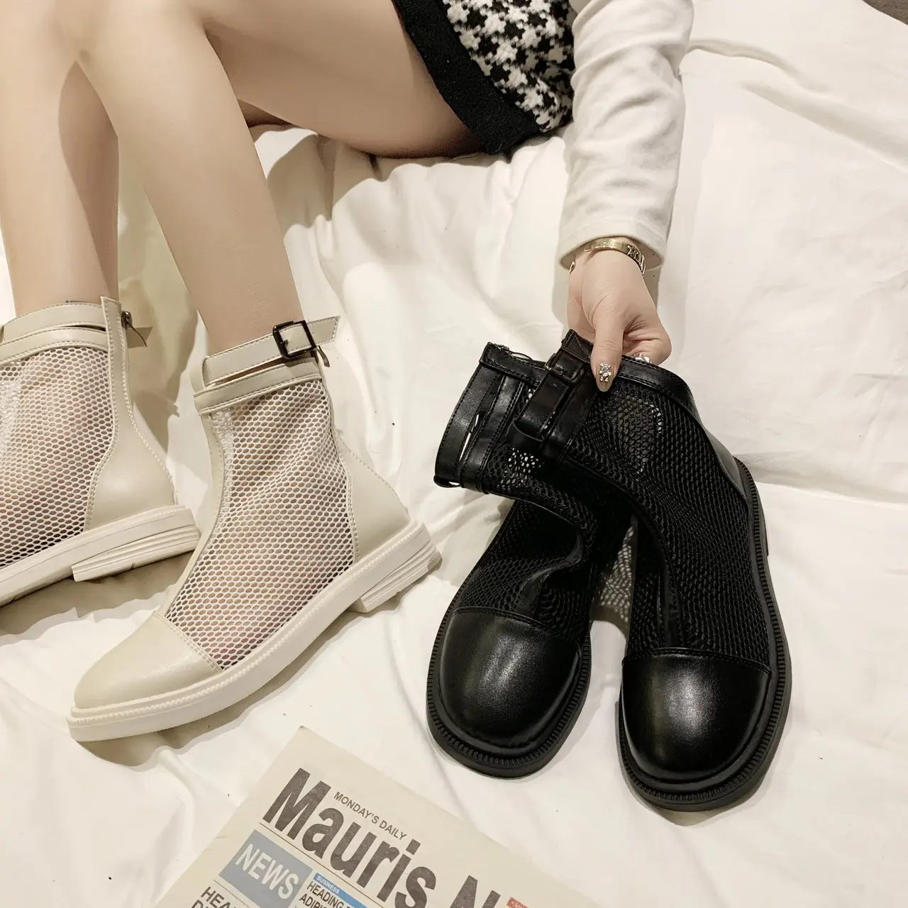 Breathable Mesh Hollow Sandals Plus Summer Breathable Platform Boots Thick Sole Women Boots Low-heeled Hollow Mid-calf Boots