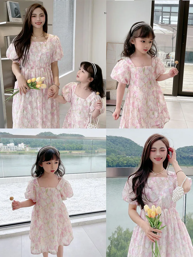 

Girls' Parent-child Dress Trendy Temperament Light Luxury High-end Dress Summer Dress New Tulip Foreign Mother-daughter Dress