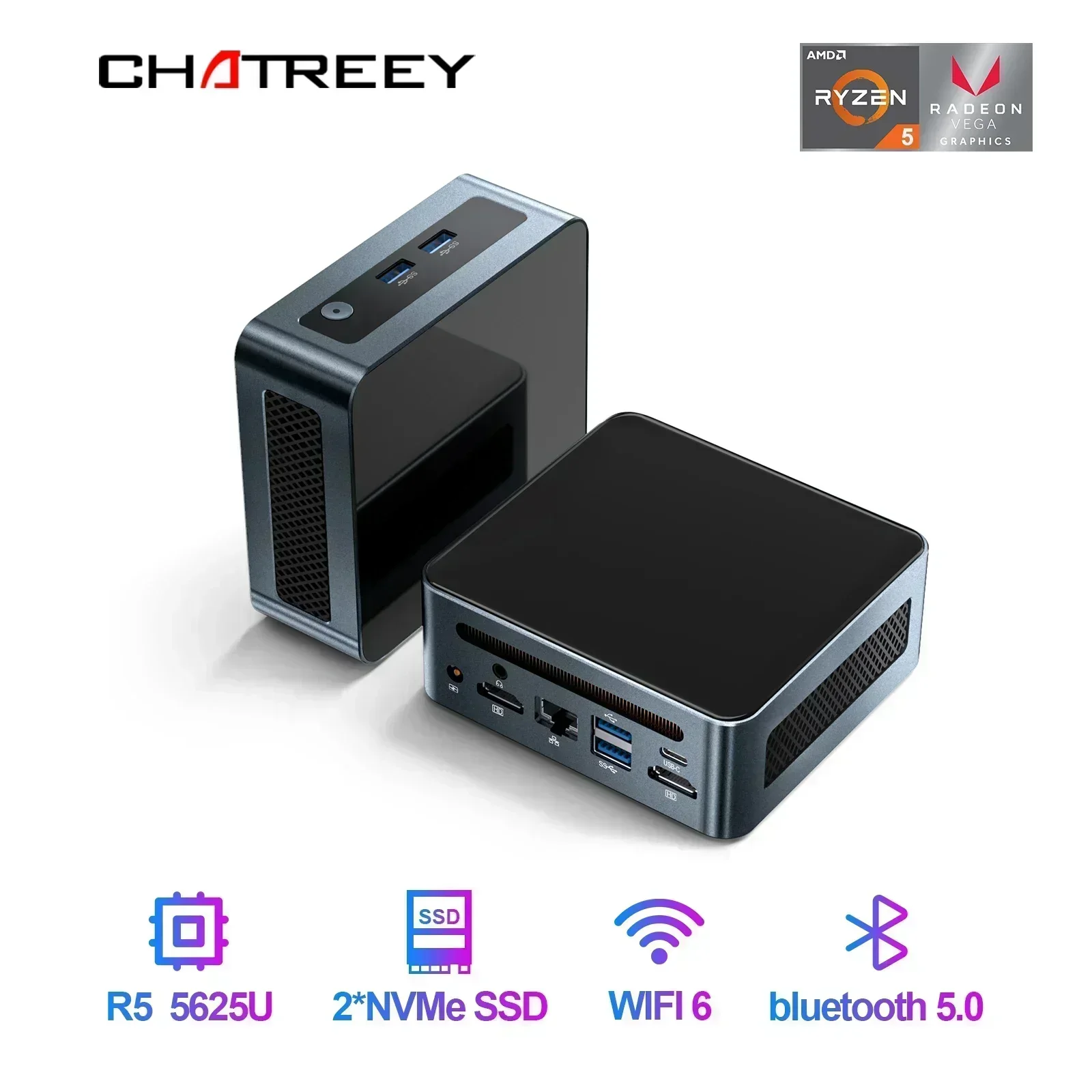 Фото Chatreey AN2P Mini PC R5 5625U/3550H Игровой настольный компьютер NVME SSD WIFI6 HD Windows 11 Pro №1