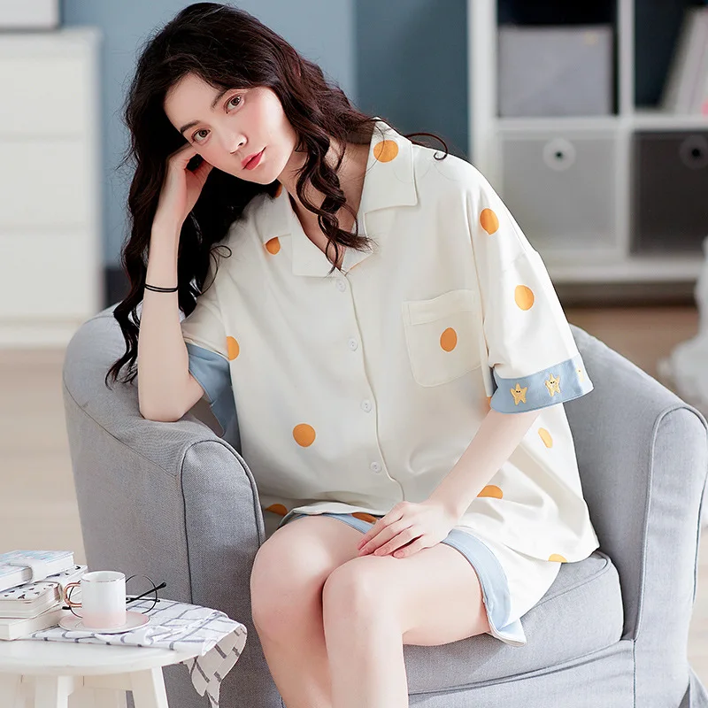 Two-piece Women Home Clothes Summer Pajamas Women's Home Wear Lapel V-neck Short-sleeve Shorts Nightwear Pijama Mujer Plus Size