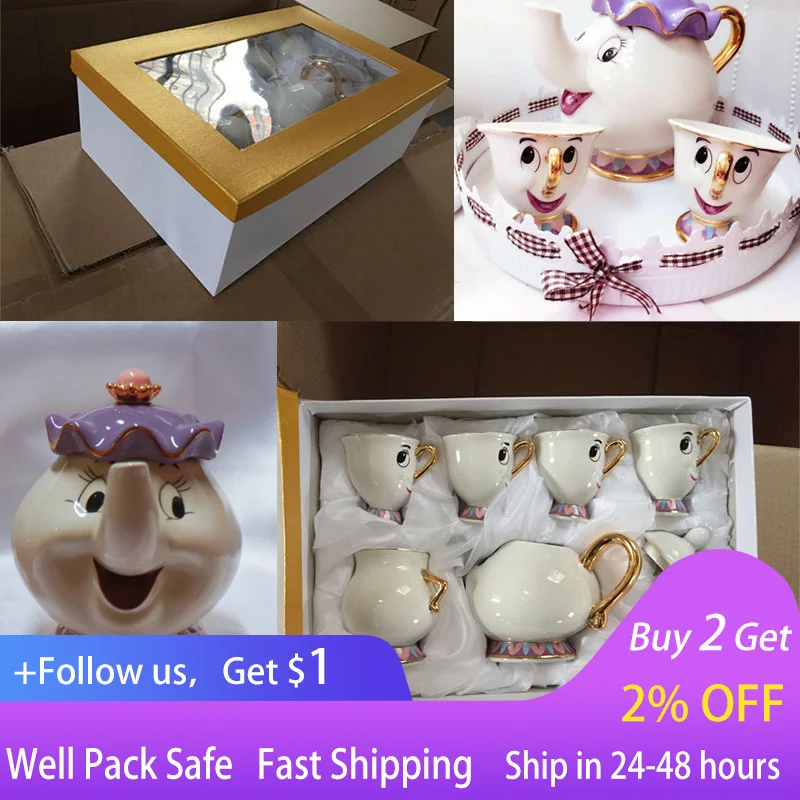 

Cartoon Beauty And The Beast Teapot Mug Mrs Potts Chip Tea Pot Cup Set Cogsworth Porcelain Gift 18K Gold-plated Painted Enamel