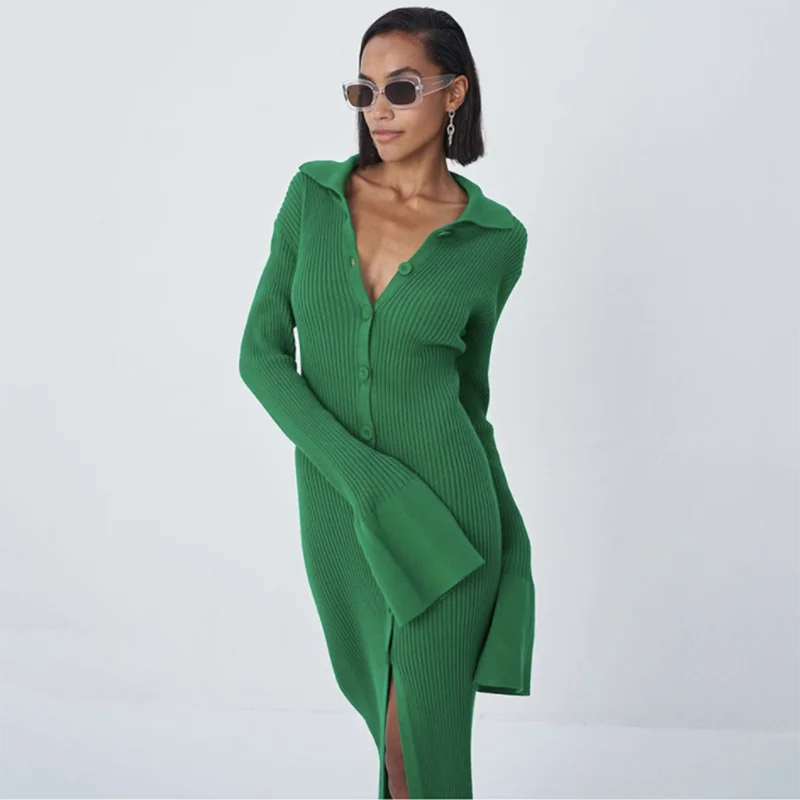 

Autumn Sweater Dress Women Bodycon Knitted Green Dress Women Sexy Split V Neck Y2k Button UP Casual Club Midi Party Dresses
