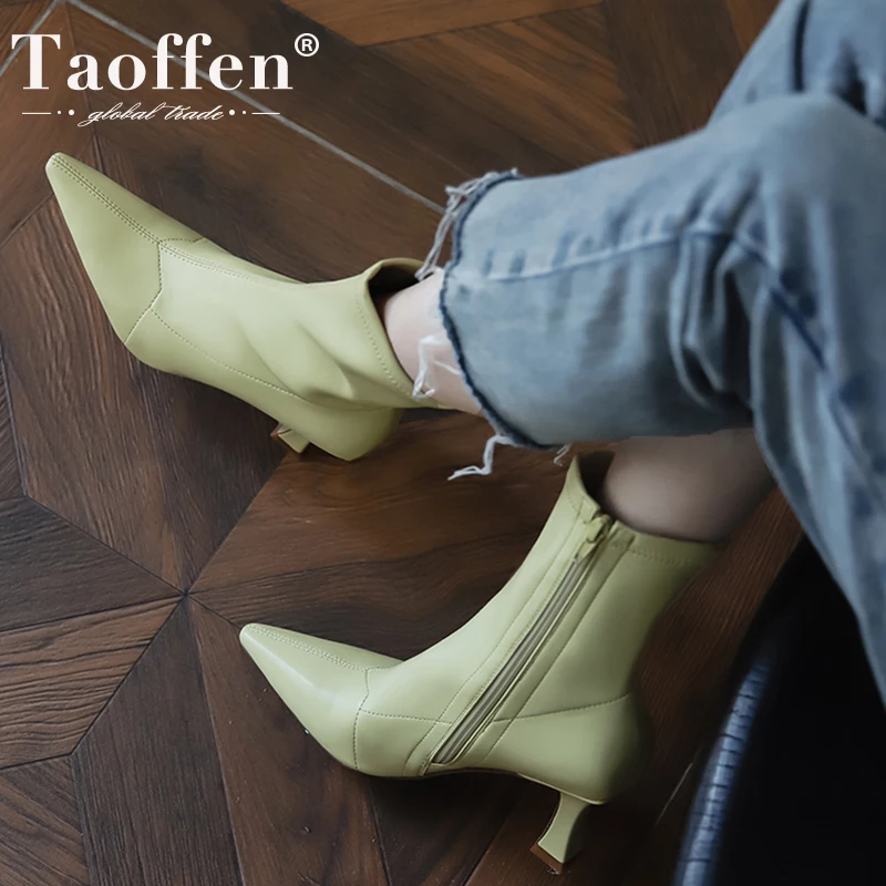 

Taoffen Real Leather Women'S Ankle Boots High Heels Winter Women'S Shoes Fashion Pointed Toe Short Boot Footwear Size 34-39
