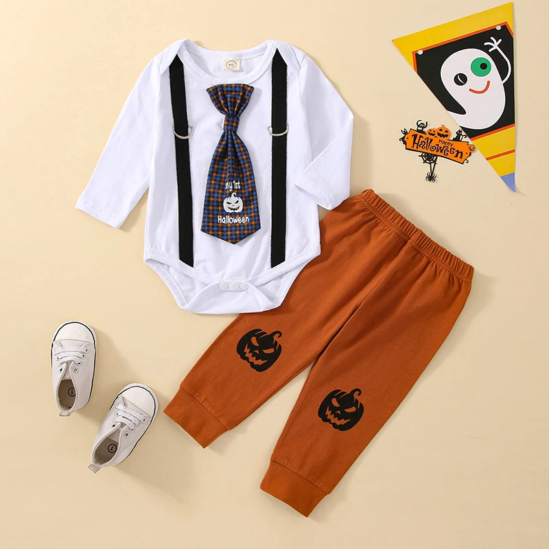 

Baby Boys 2 Pieces Halloween Outfits Round Neck Suspender Print Tie Long Sleeve Romper + Pumpkin Print Long Pants Set