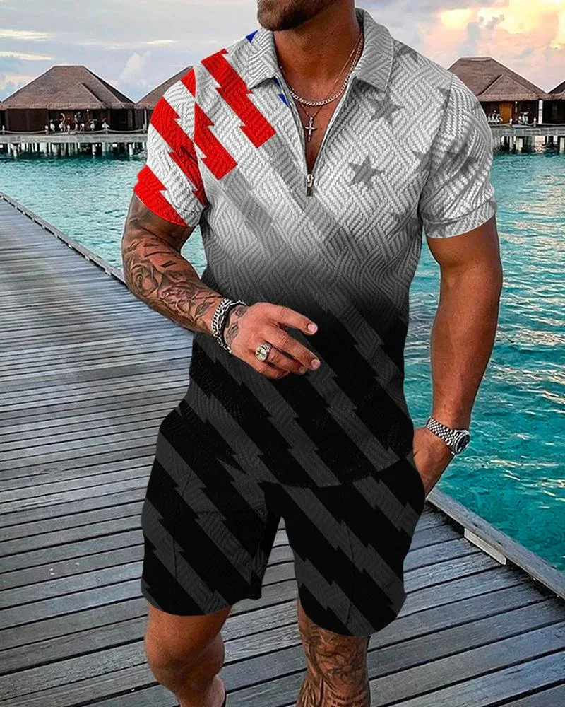 Summer Men's Polo Shirt Set  American Flag Print Zipper Short Sleeve Tracksuit Oversized 2 Piece Casual Polo Outfit Men Clothing