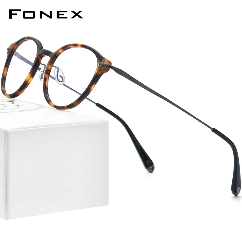 FONEX Acetate Titanium Glasses Frame Women Vintage Round Prescription Eyeglasses Men Myopia Optical Spectacles Eyewear BY88003