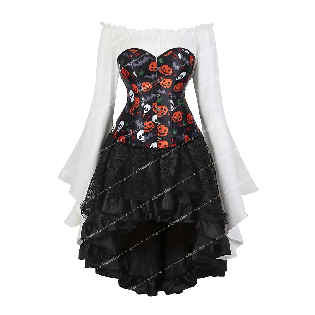 

Burlesque, корсет, юбки, наряды, тыква, Череп, женское платье-бюстье с искусственным рисунком, костюм на Хэллоуин, винтажный костюм
