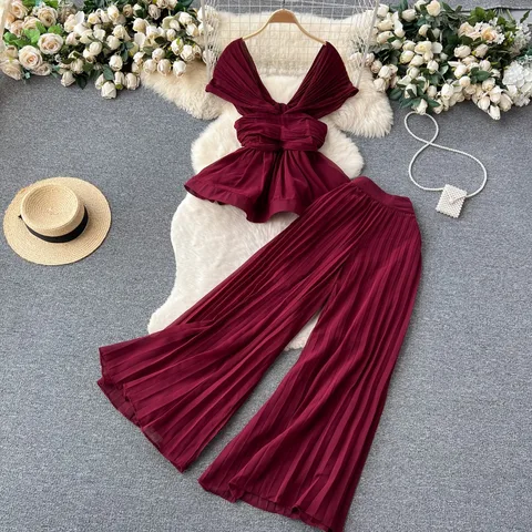 Neploe Свежие элегантные шифоновые комплекты с открытыми плечами и рюшами Рубашка Свободные брюки с высокой талией Широкие брюки Летние модные костюмы Брюки с рюшами