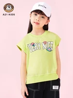 a21girl vest loose sleeveless round neck children t shirt 2022 summer new cartoon letter printing stretch comfortable casual top