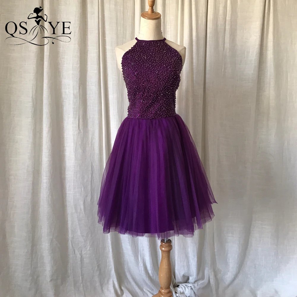 

Grape Purple Short Homecoming Dress Halter Neck Beading Bodice Prom Cocktail Gown A line V neck Keyhole Back Tulle Party Dress