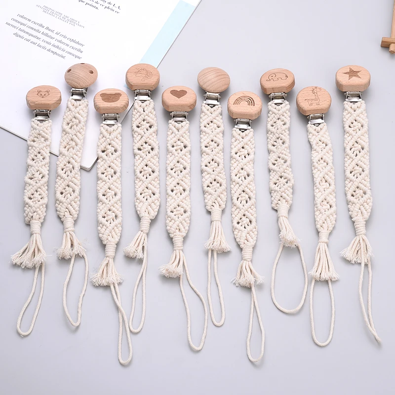 Baby Wooden Dummy Pacifier Clip Hand Braided Cotton Cloth Baby Pacifier Chain Safety Soft Girl Boy Eco-friendly Holder Chain
