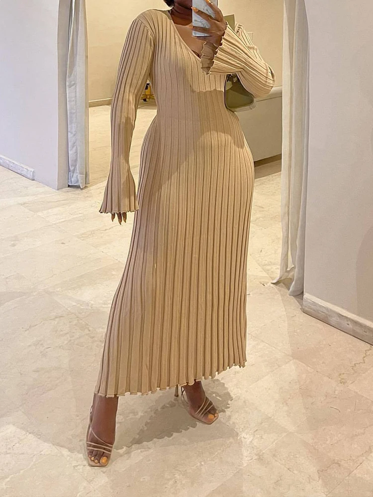 

OMSJ Knitted Soft Female Elegant Long Dress Fall Winter Solid V Neck Long Sleeve Casual Ribbed Pleated A-line Midi Sweater Dress