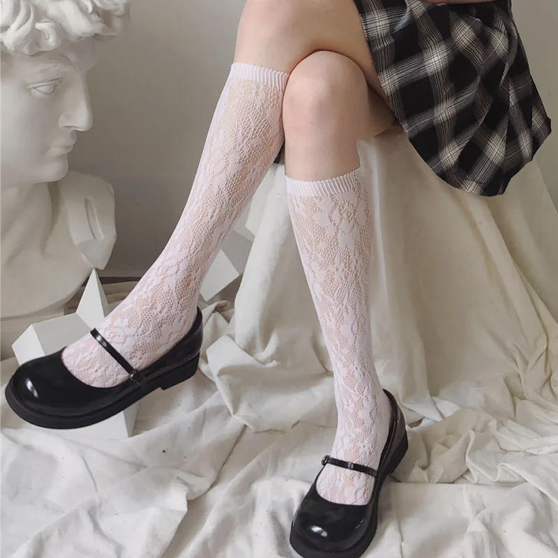 Women's Stockings Floral Lace Mesh Knee High Socks Summer Ultra-thin Transparent Lolita Jk Hollow Out Knee Length Girls Socks