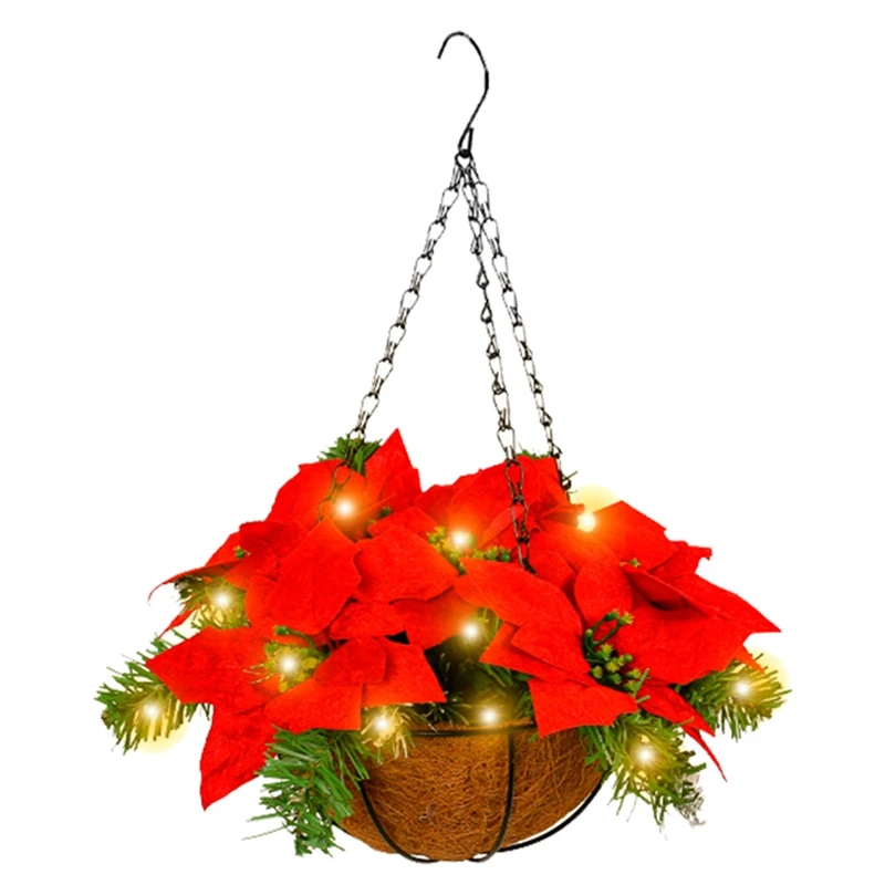 

1 шт. Рождественская подвесная корзина с красными цветами и для наружного двора, украшение для крыльца, пластиковая + металлическая Рождественская подвесная корзина