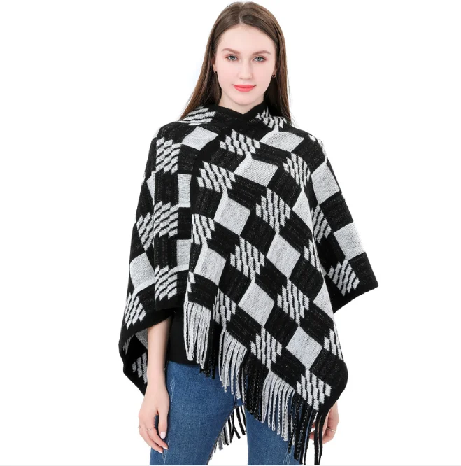 

Warm Blouse European American Women's Tassel Cloak Shawl Plaid Knitted Pullover Cloak Coat Imitation Cashmere Sweater Black