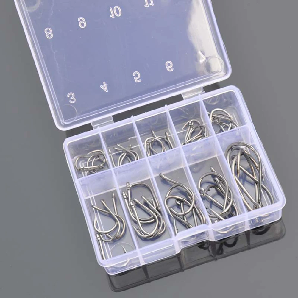

100pcs Mixed Sizes Fishing Hooks Set Metal Single Circle Bait Holder Barbed Fishhook Jig Hole Fishing Tackle Accessories