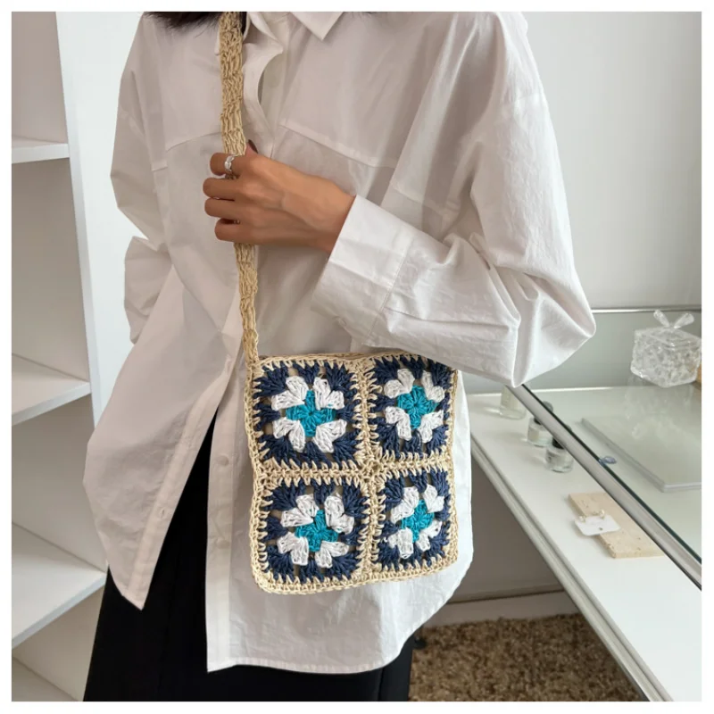 Hollow Straw Woven Handbag Women Shoulder Bags Bohemian Summer Beach Flower Ladies Travel Crossbody Storage Bag Fashion Totebag