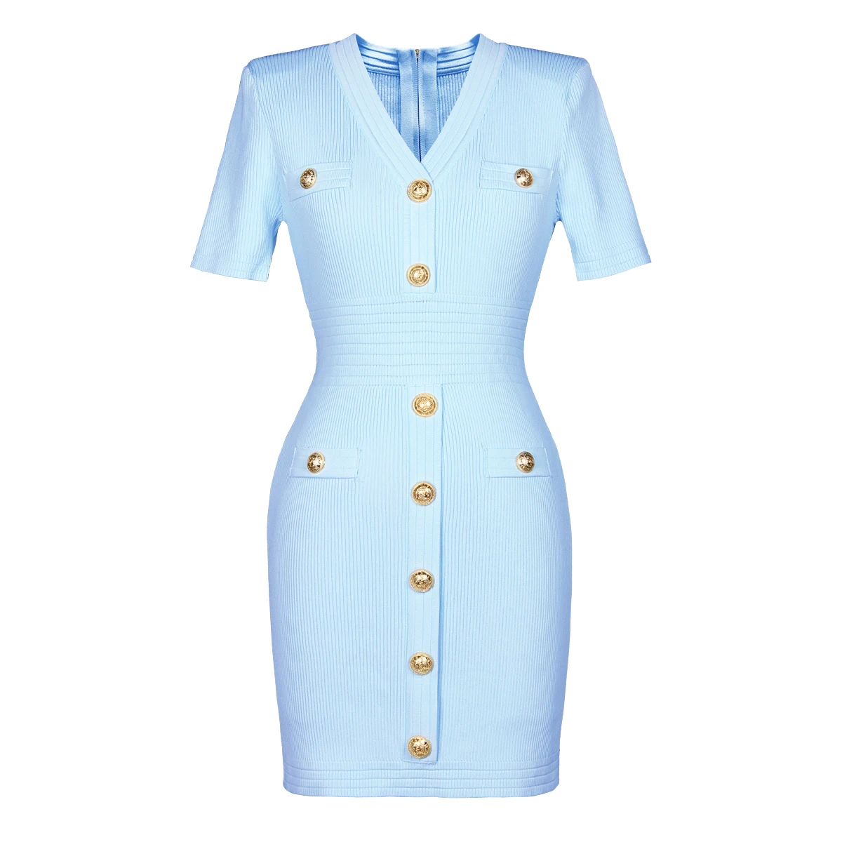 Женское трикотажное платье миди с V-образным вырезом и пуговицами-гвоздиками