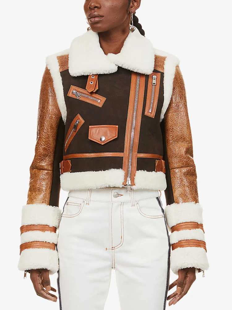 HIGH STREET Newest Winter Designer Jacket Women's Zippers Patchwork Synthetic Leather Fur Jacket Overcoat enlarge