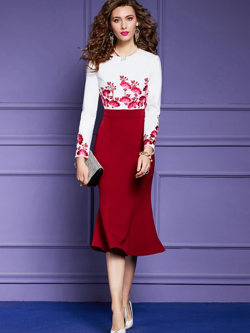 

Elegant Office Ladies Work Pencil Dress Women Long Sleeve Flower Embroidered Mermaid Dress Party Maxi Dresses Spring Autumn