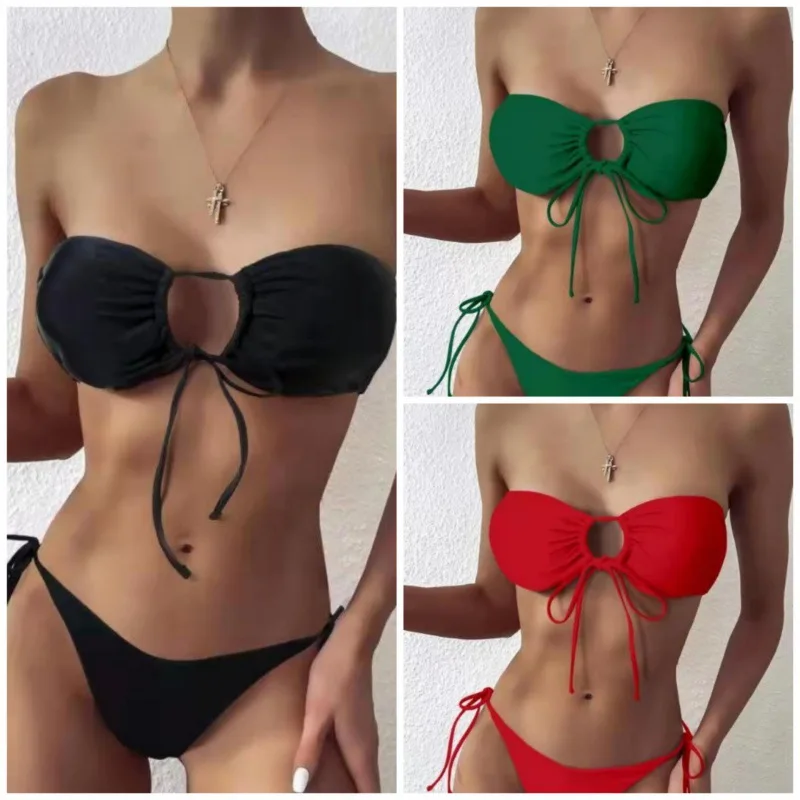 

Solid Color Bandeau High Cut Bikini Women Swimwear Female Swimsuit Two-pieces Bikini Set Strapless Bather Bathing Suit Swim